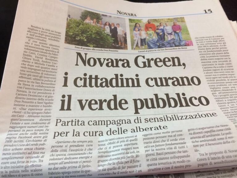 Articolo di giornale su Novara Green, i cittadini curano il verde